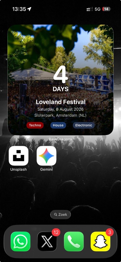 RaveDragons home screen widget showing a festival countdown for Loveland Festival
